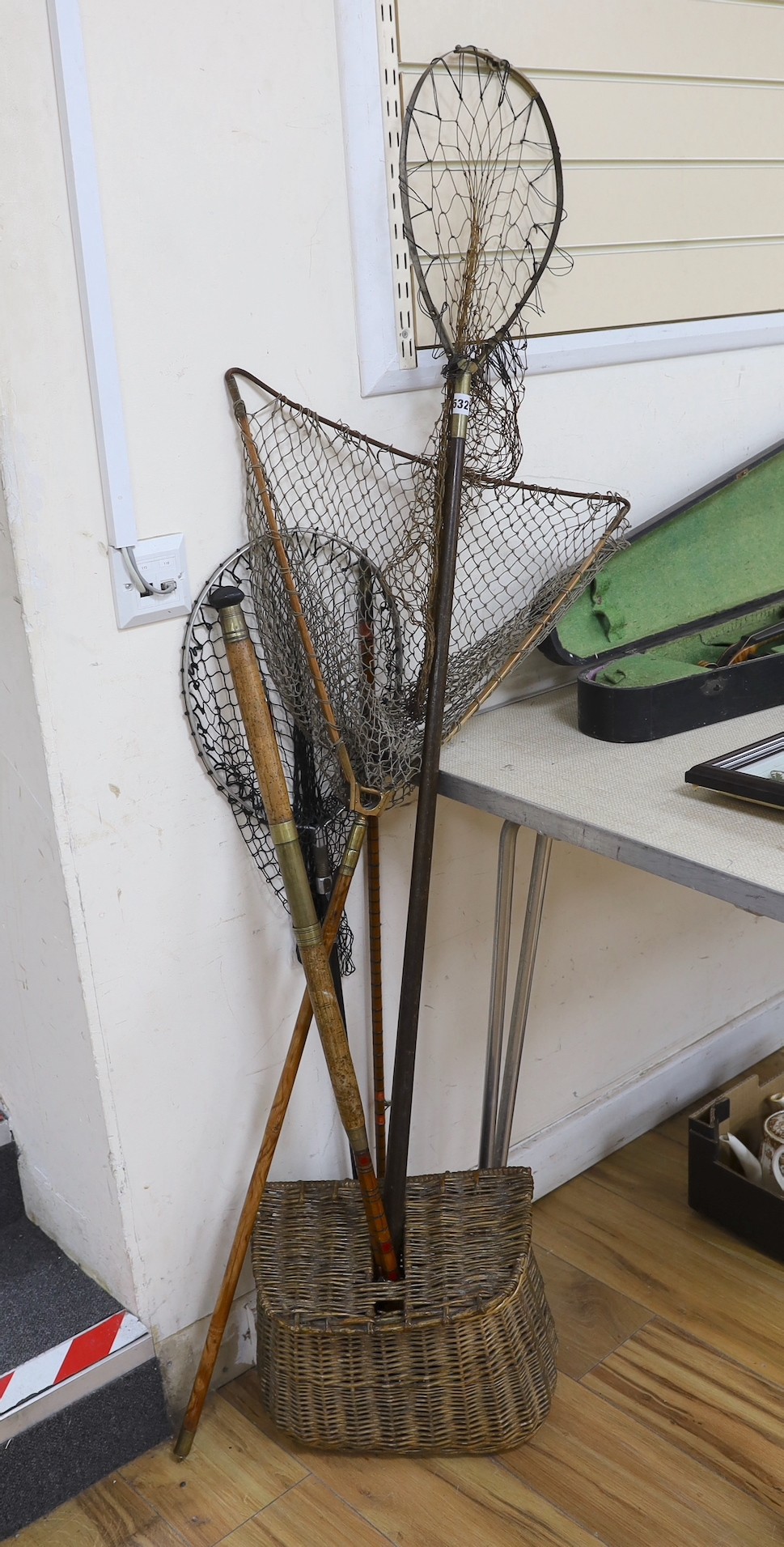 Fishing/ Angling: a creel, rods and landing nets- longest net 158cms